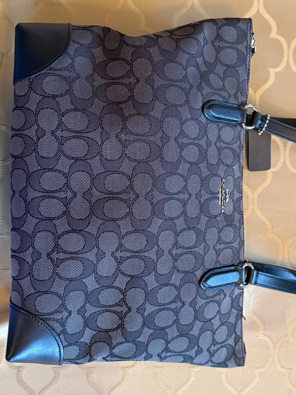 LIKE NEW COACH Monogram Canvas Tote in Gray and Black